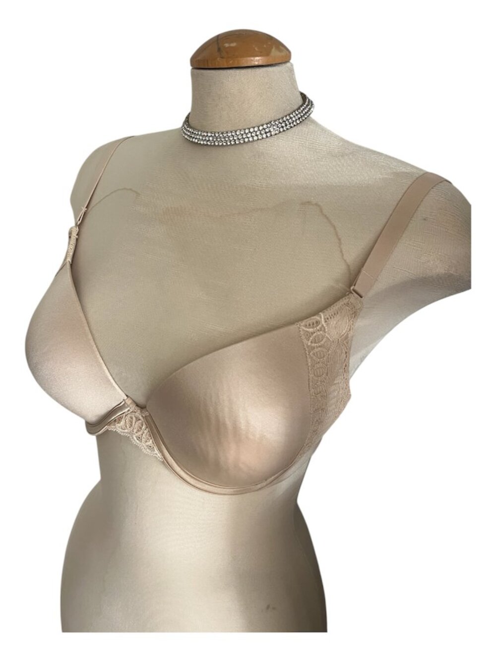 MAIDENFORM Tee Shirt Bra Size 36C Light Lace Trim Beige Padded